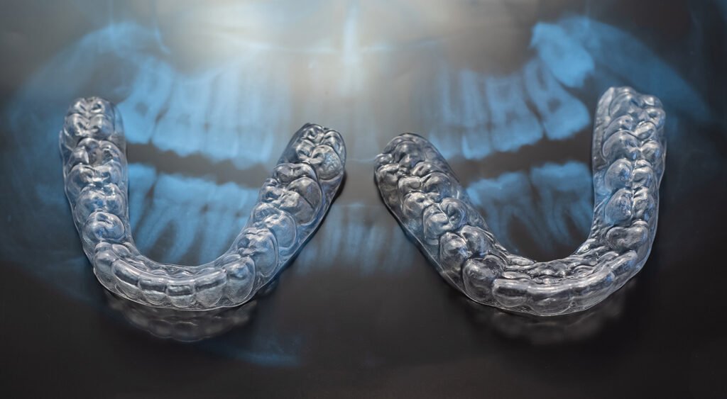 Clear Invisalign aligners placed over a dental X-ray background – Invisalign Turkey
